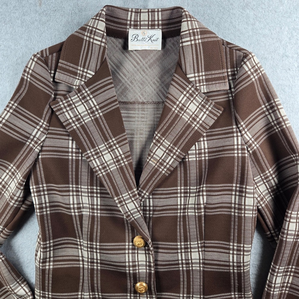 Butte Knit Blazer Women Vintage Brown Plaid Gold Button 70s Dark Academia
